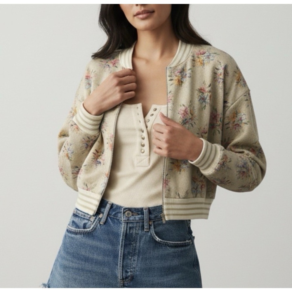 Maeve Anthropologie Floral Lurex Bomber Jacket XL Coquette Soft Girl Shimmer